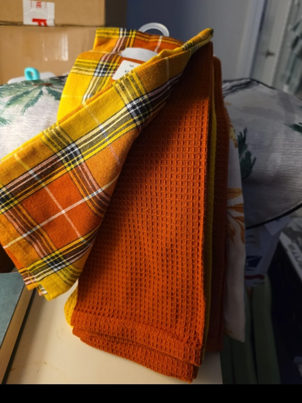 Autumn Leaf Print Fabric Kitchen Towels - White with Orange & Rust Leaves. Set 5